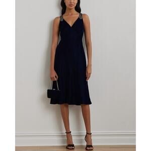 Lauren Ralph Lauren Women's Beaded Velvet Sleeveless Cocktail Dress Blue Size 6